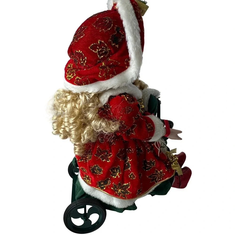 Vintage Porcelain Christmas Doll on Tricycle Red Velvet Gold Glitter 16‎ inch